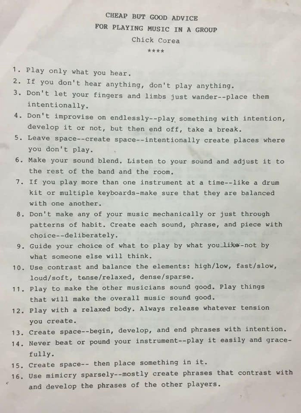 Chick Corea's &ldquo;Cheap but Good Advice&rdquo; handout, typed by Ed Soph, Berklee 1985