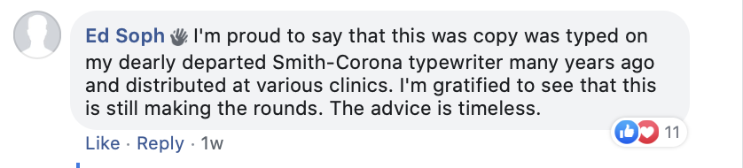 Comment from Ed Soph: &lsquo;I'm proud to say that this copy was typed on my dearly departed Smith-Corona typewriter many years ago and distributed at various clinics. I'm gratified to see that this is still making the rounds. The advice is timeless.&rsquo;