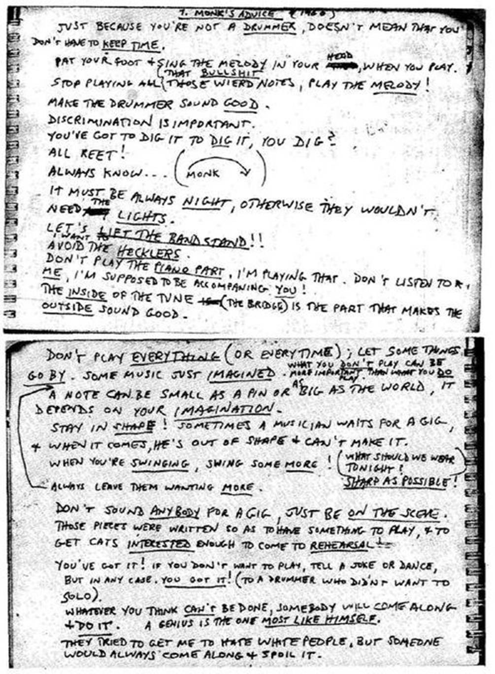 Steve Lacy's handwritten transcription of Thelonious Monk's advice